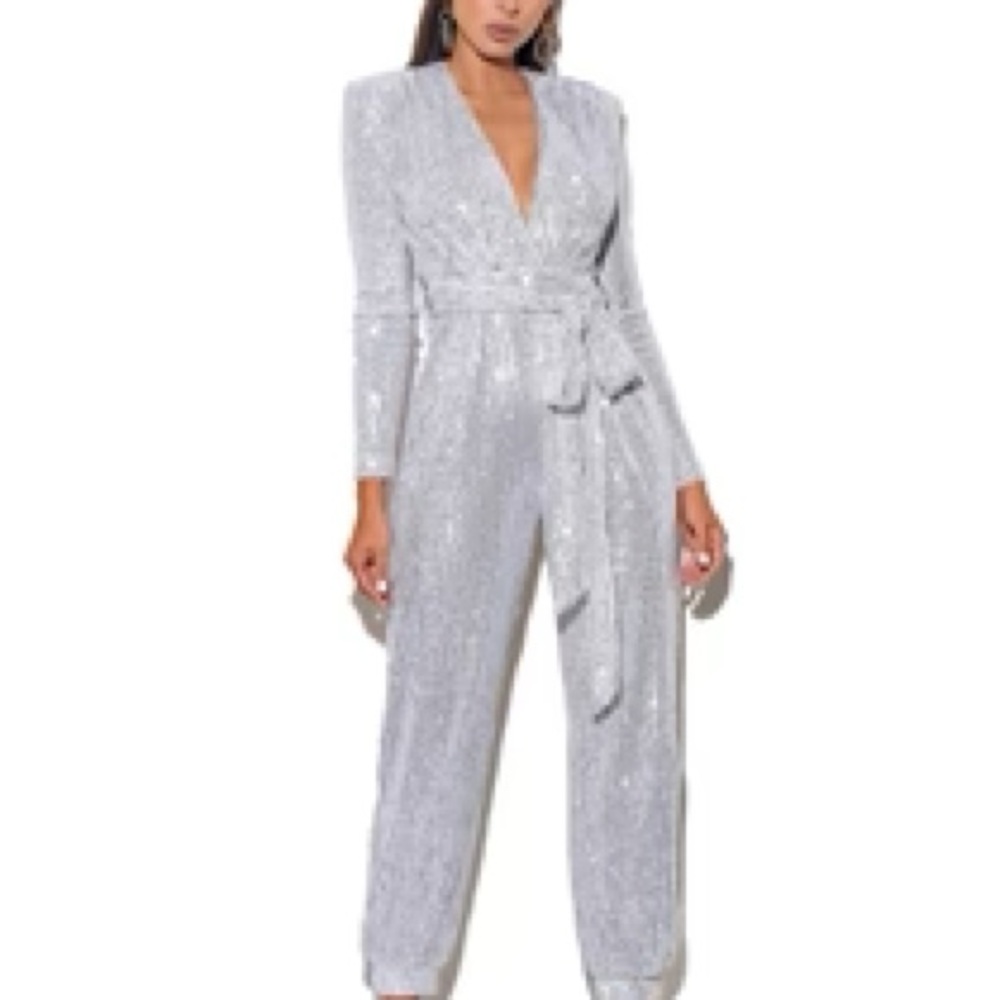 Miss Circle Silver Sequin Wrap Jumpsuit w/ Belt - Size [M]